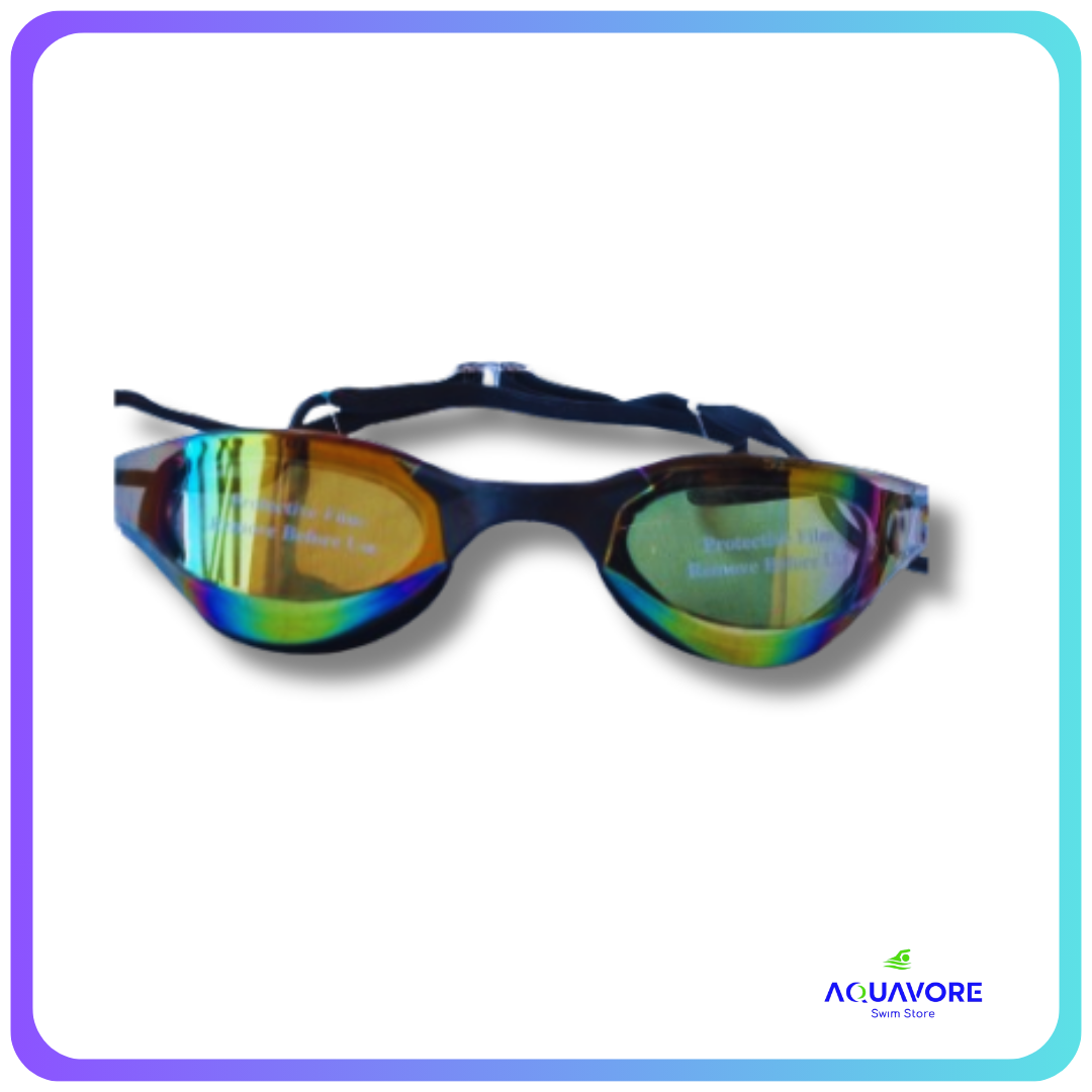 Cobra Edge Swipe Mirror Goggles with sleek blue frame and vibrant multi-colored mirrored lenses for competitive swimming, featuring anti-fog technology and low-profile design for enhanced performance and comfort in the pool