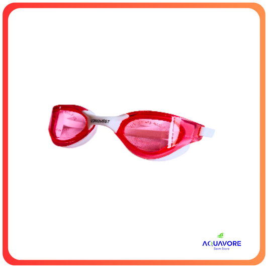 Red and white Conquest Pro swimming goggles with sleek design, anti-fog lenses, and UV protection for enhanced performance and comfort during training and competition. Durable construction with Aquavore brand logo visible.