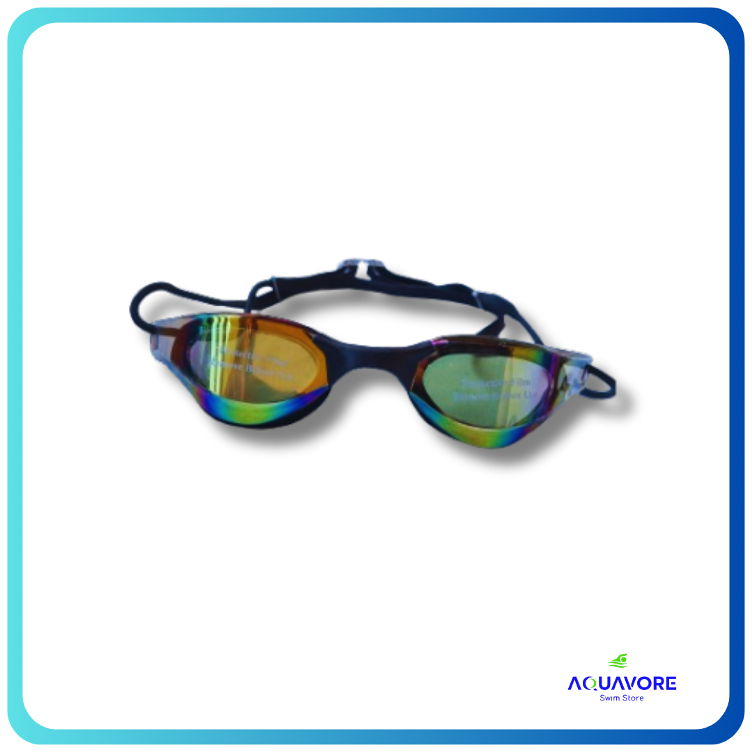 Cobra Edge Swipe Mirror Goggles with blue frame and multicolored mirrored lenses for competitive swimming, featuring low-profile design and anti-fog technology