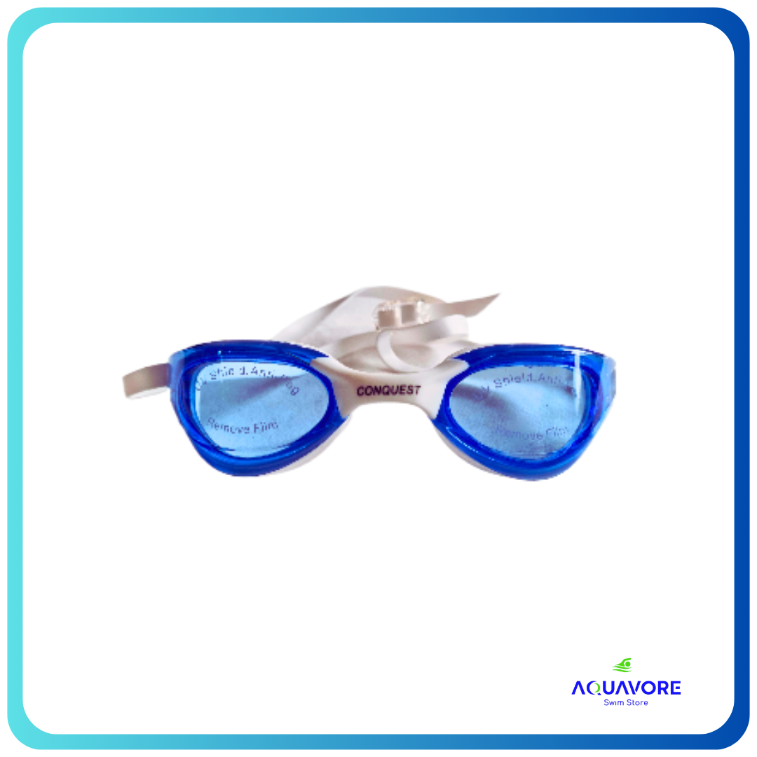 Conquest Pro swimming goggles with blue lenses and white frame, featuring anti-fog and UV protection. Shown with Acuavore brand logo, designed for optimal performance in training and competition.