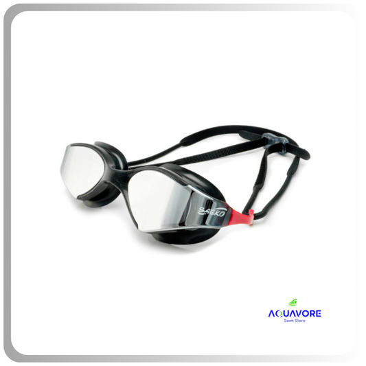 Sleek black Blade Mirror sports goggles with curved mirrored lenses, streamlined design, and adjustable strap, showcasing advanced technology for optimal swimming performance and comfort