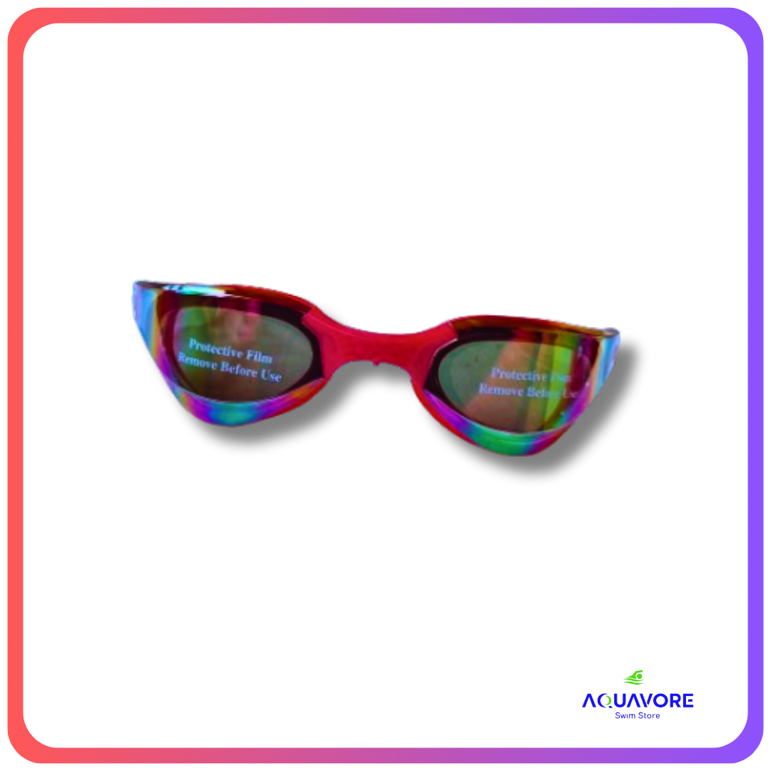 Cobra Edge Swipe Mirror Goggles with red frame and multicolored mirrored lenses for competitive swimming, featuring low-profile design and anti-fog technology for enhanced performance in the pool