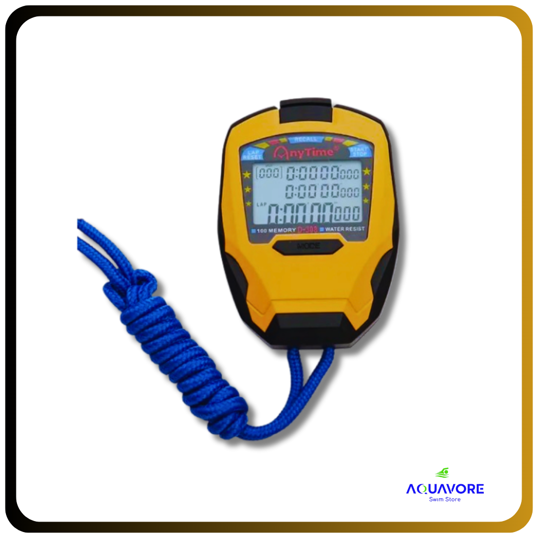 ChronoMaster ProTrack digital sports stopwatch with yellow casing, large LCD display, and blue lanyard, designed for precise timing and performance tracking in various athletic activities