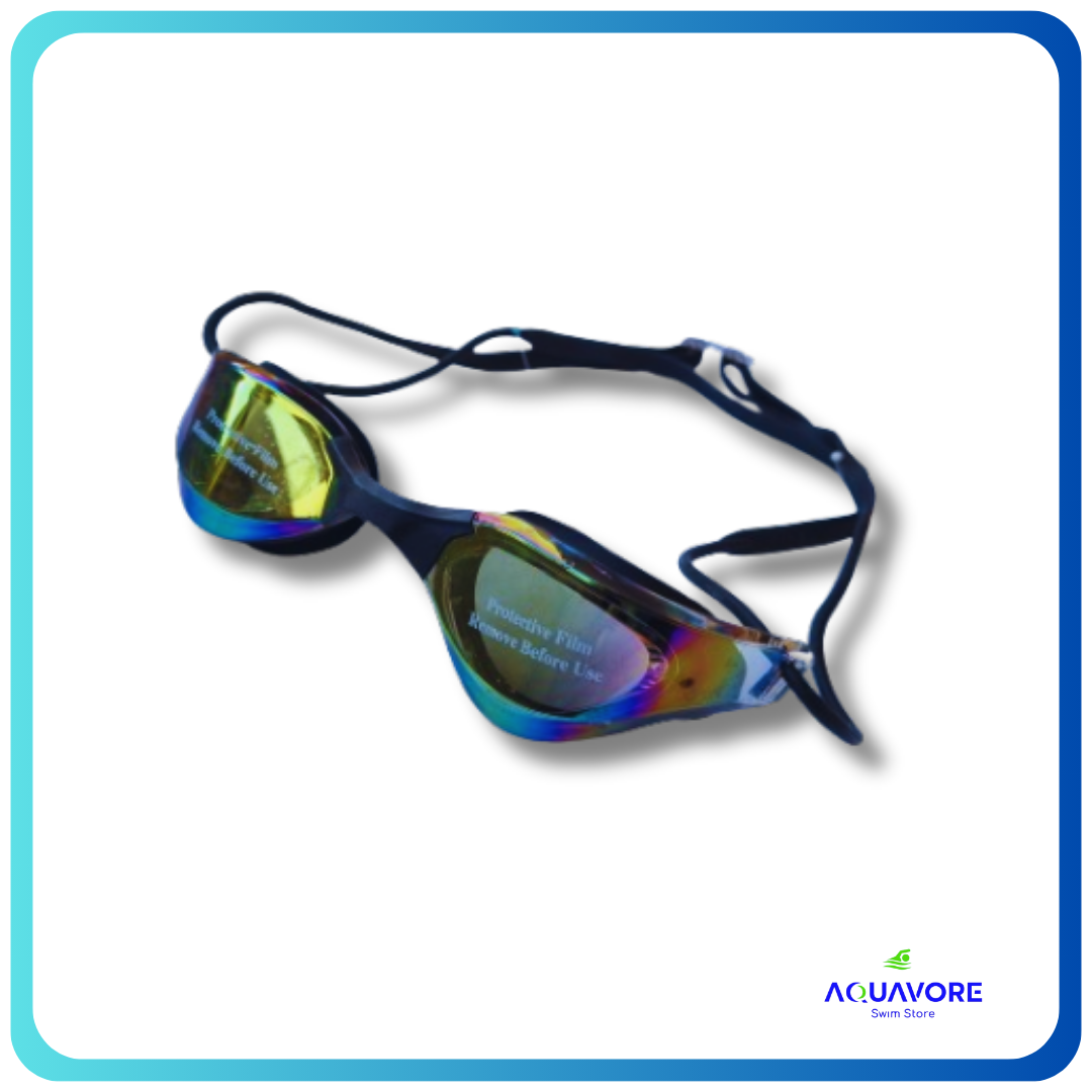 Cobra Edge Swipe Mirror Goggles with blue frame and colorful mirrored lenses, featuring sleek design for competitive swimming, anti-fog technology, and glare reduction for optimal performance in the pool