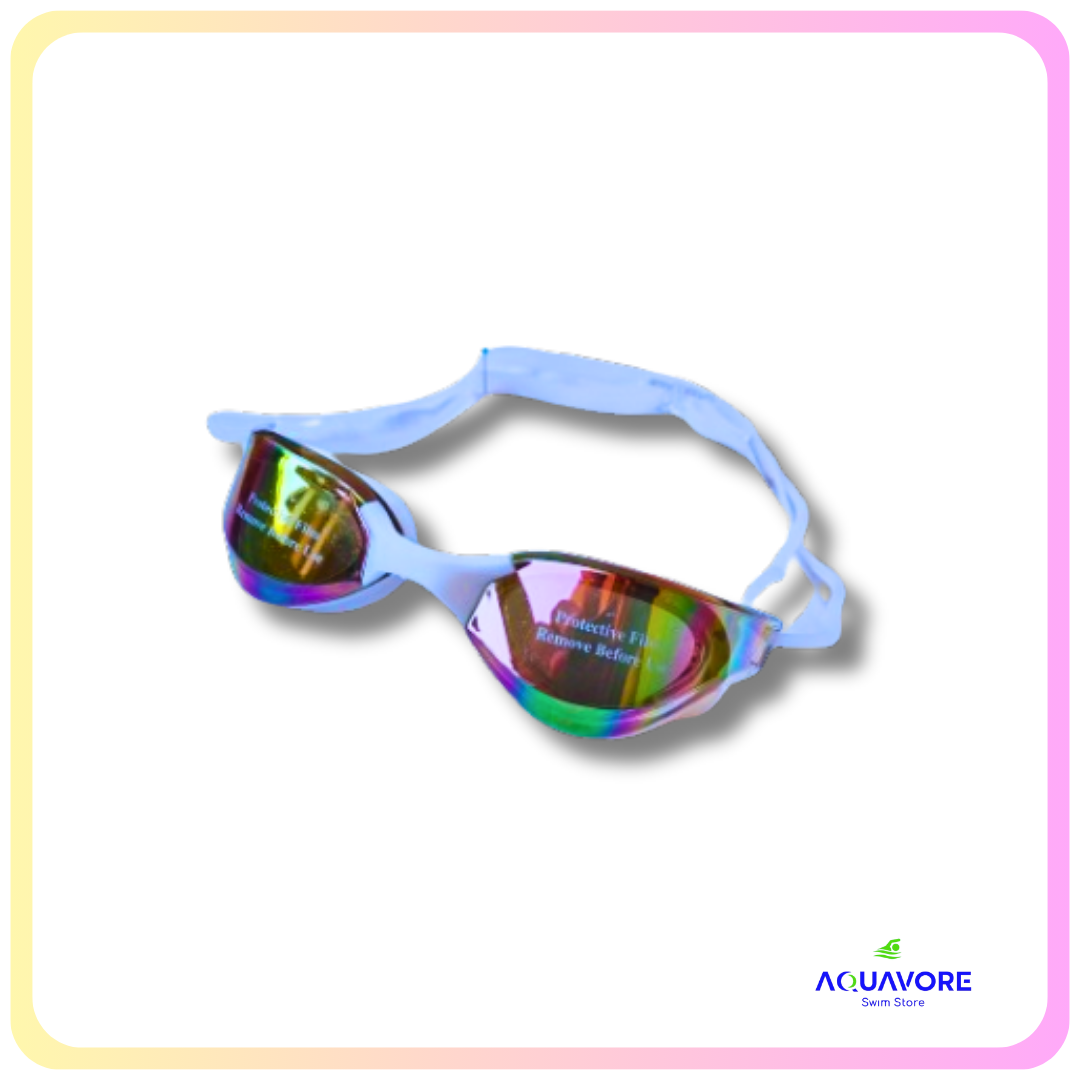 Cobra Edge Swipe Mirror Goggles with blue frame and rainbow-tinted mirrored lenses for competitive swimming, featuring low-profile design and anti-fog properties