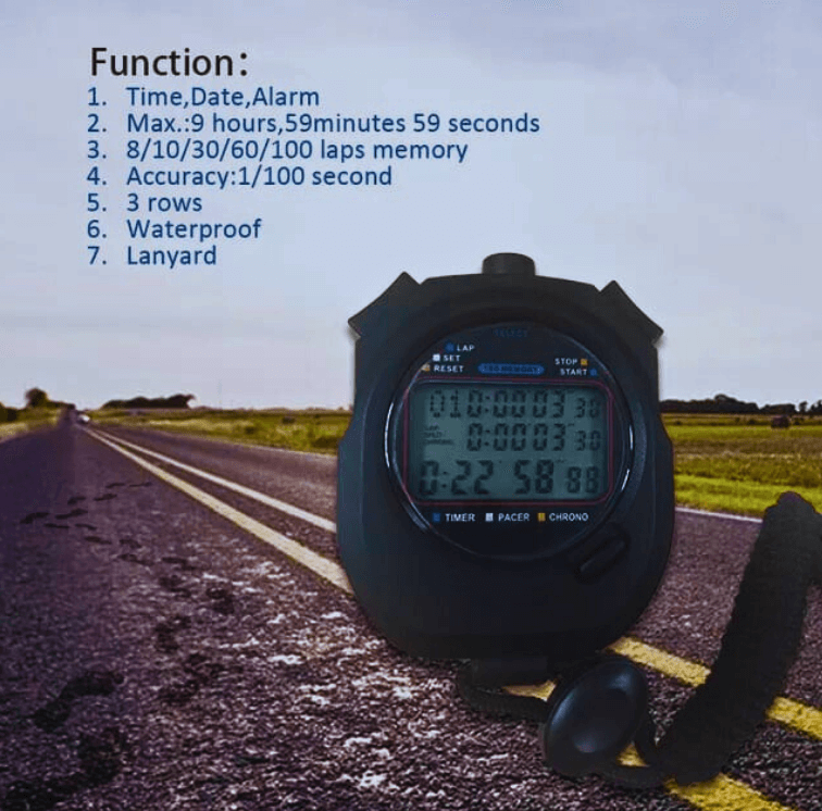 AquaPace EliteTimer stopwatch on running track, for professional athletes and coaches tracking performance metrics.