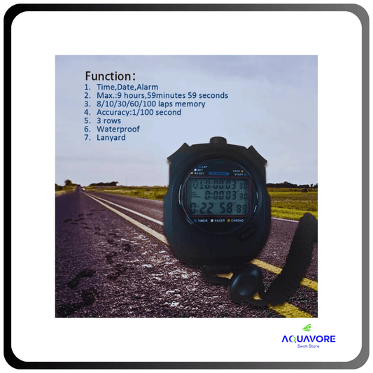 AquaPace EliteTimer stopwatch on running track, for professional athletes and coaches tracking performance metrics.