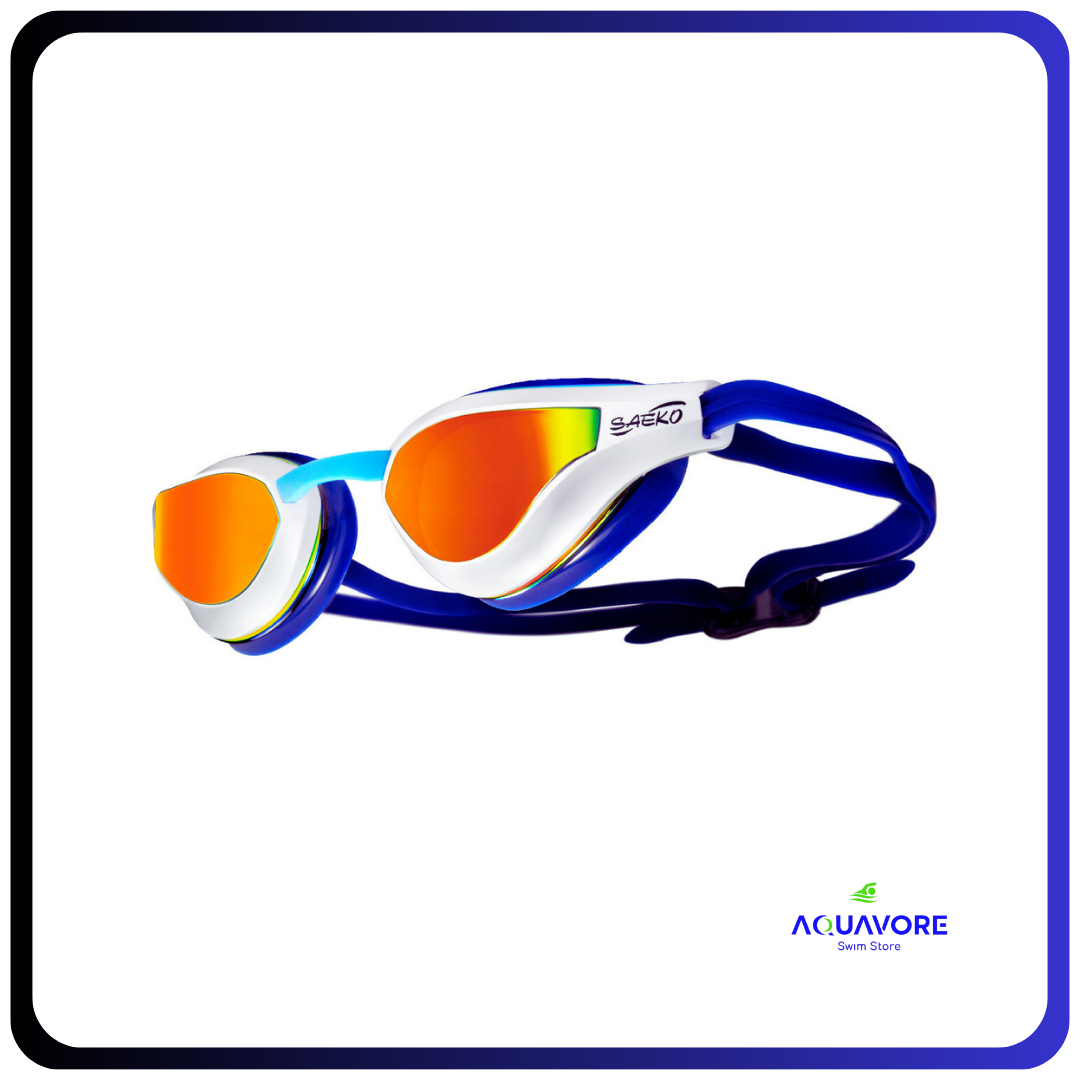 Carina Mirror swimming goggles with blue frame, white trim, and orange mirrored lenses, featuring adjustable strap and Speedo branding, displayed on white background with Acuavore logo