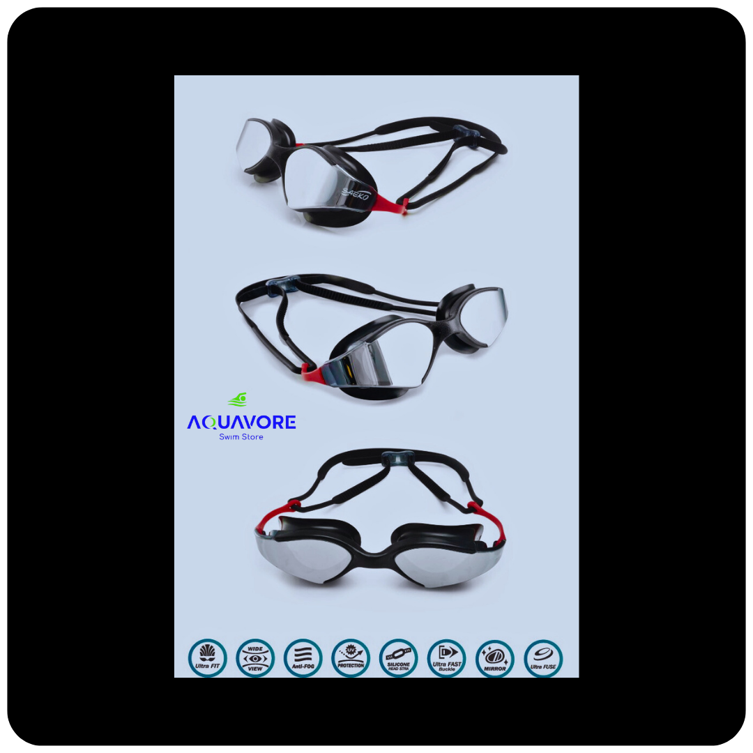 Blade Mirror sports goggles with curved lenses, shown from three angles. Black frames with mirrored lenses, red accents, and double straps. Aquavore logo and product feature icons displayed.