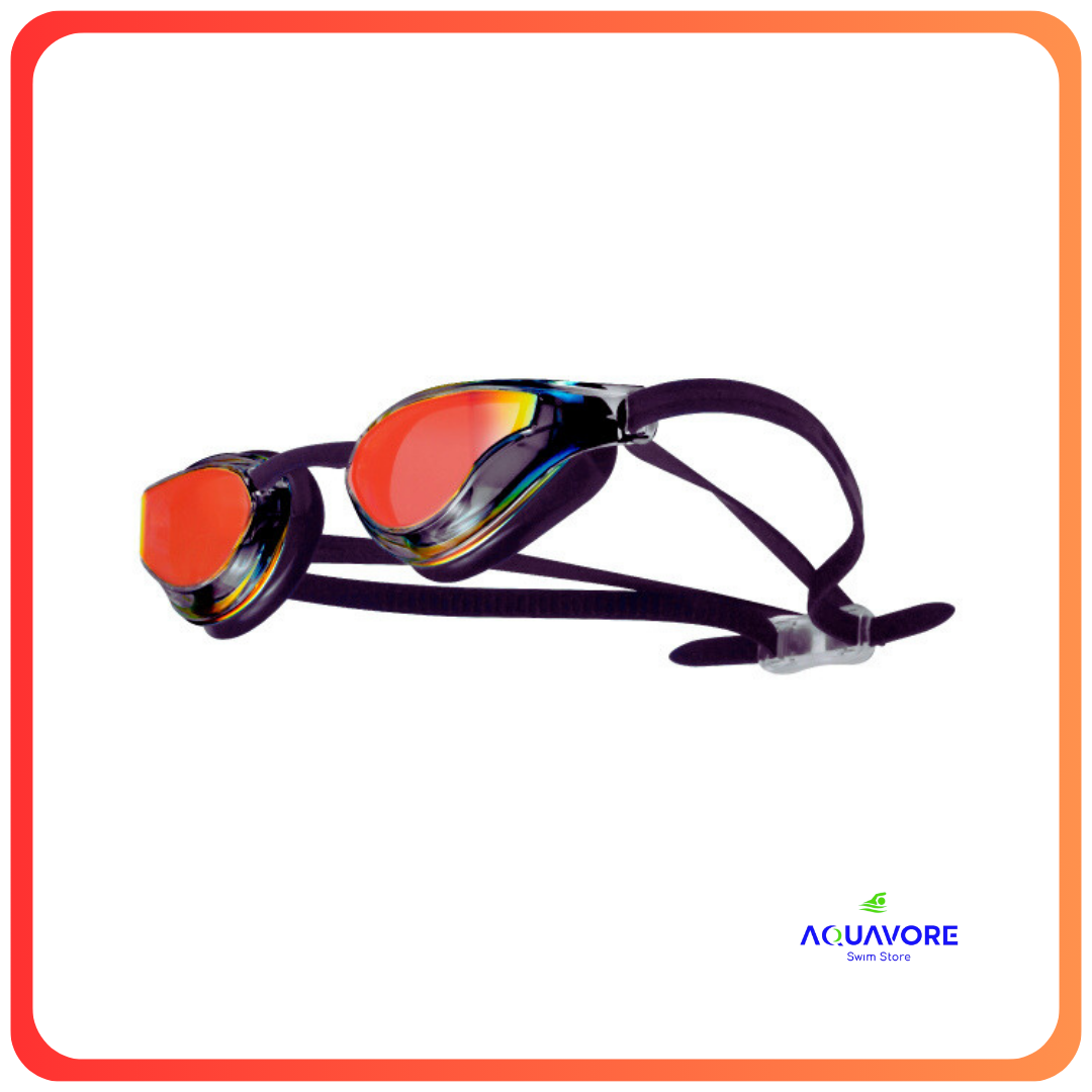 Carina Mirror performance swimming goggles with purple frame, detachable nose bridge, and iridescent red-orange lenses for enhanced comfort and glare protection, featuring Aquavore brand logo