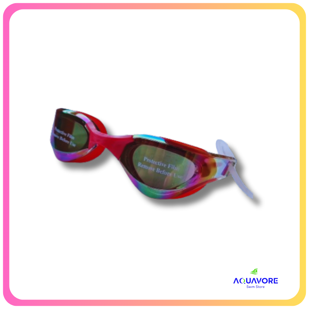 Cobra Edge Swipe Mirror Goggles with red frame and multi-colored mirrored lenses, designed for competitive swimming, featuring anti-fog technology and low-profile design for enhanced performance in the pool