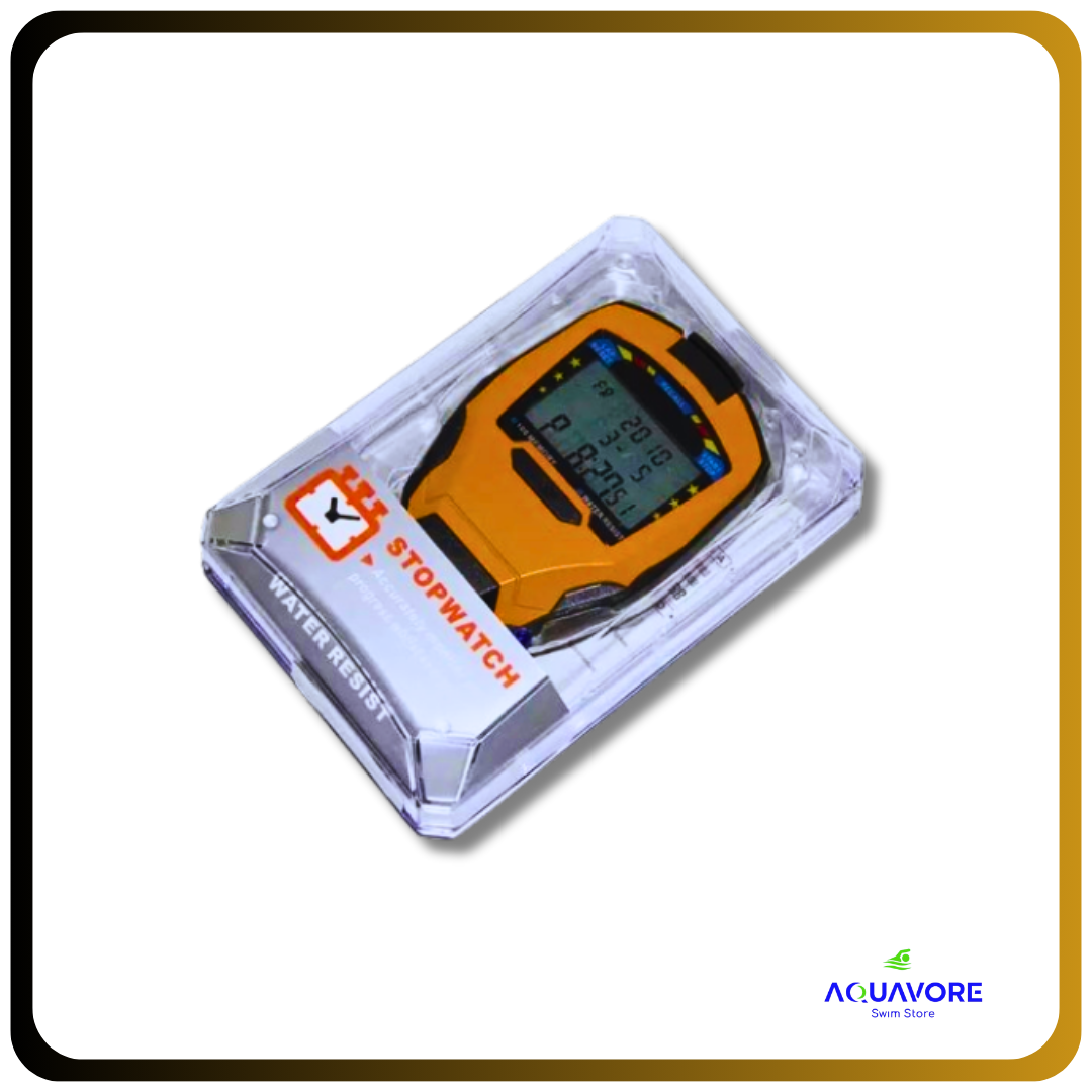 ChronoMaster ProTrack digital sport stopwatch in packaging, displaying orange body with digital screen, precision timing device for athletes and coaches, water-resistant and ultra-precise to 1/1000th second